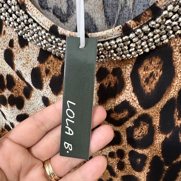 Cheetah Print Cold Shoulder Blouse Womens Large Lola‎ B Silver Beaded Top New - Picture 4 of 12